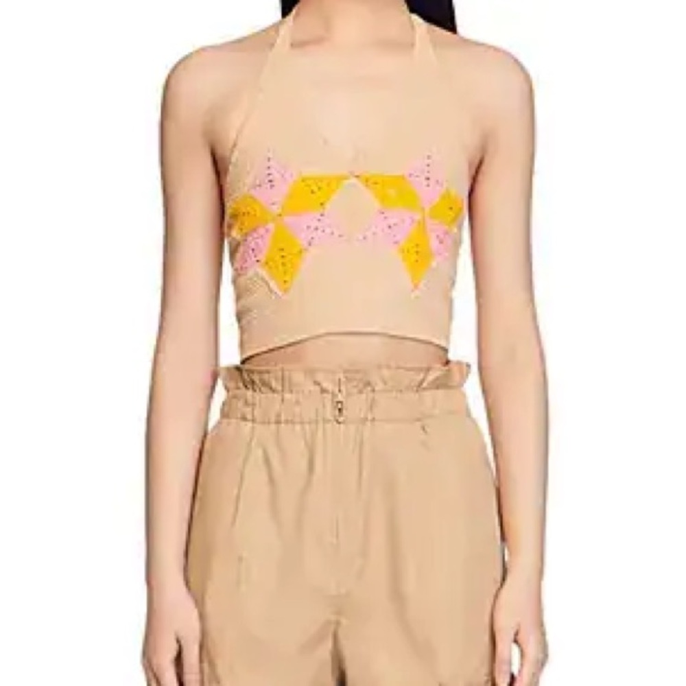 Sandro Paris Beige Crochet Halter Top with Pink & Yellow Star Panels 0 - Picture 5 of 6